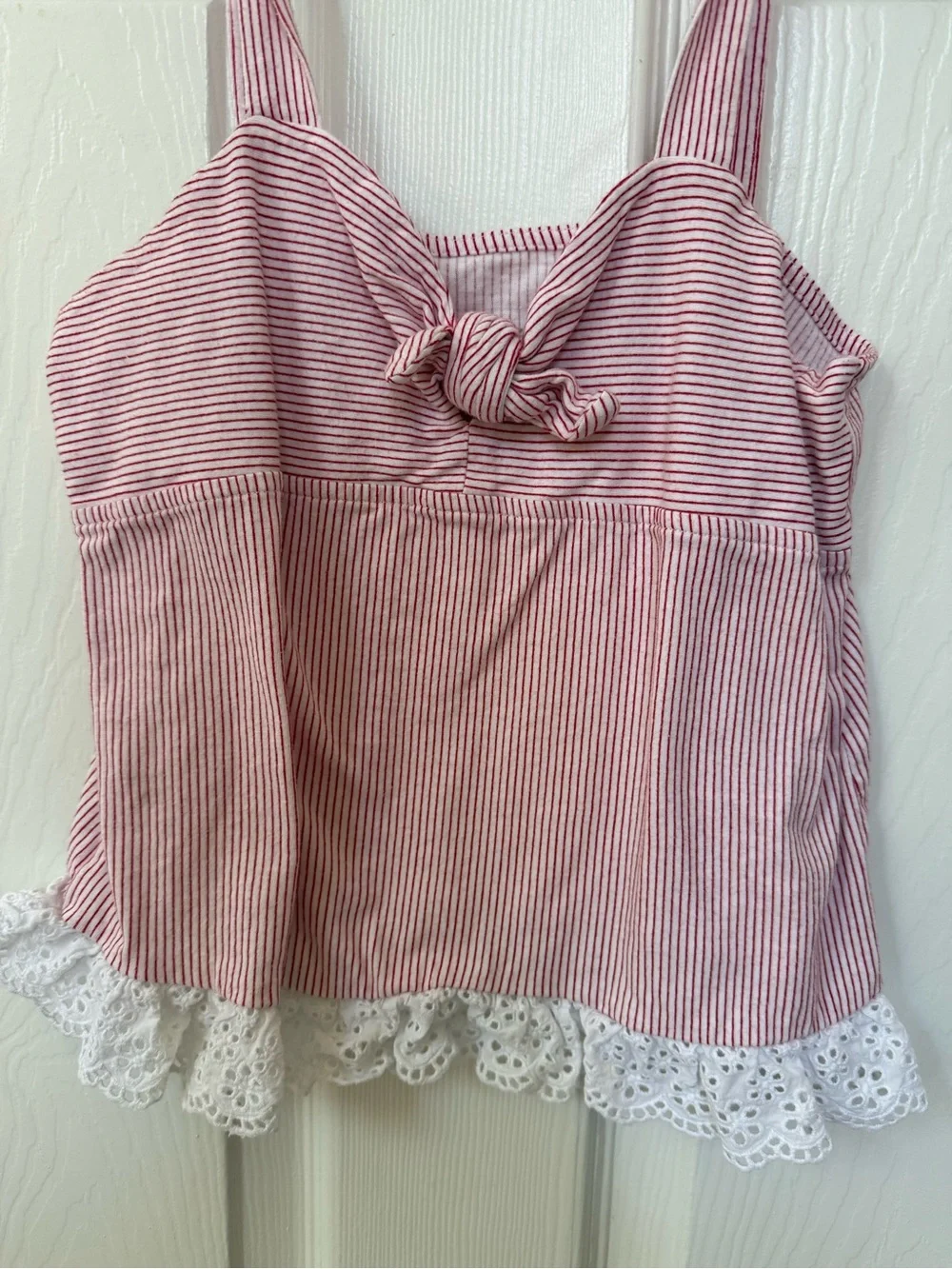 Girls Red Striped Tie-Front Tank with Lace Hem